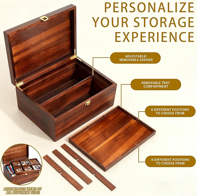 Large Wooden Storage Box with Adjustable Tray, 12.5 IN Acacia Wood Keepsake Box with Lid for Storage Trinkets, Jewelry, Card, Photo, Wooden Decortive Case for Home 12.5x9.4x6.1 IN -WB006-X Large