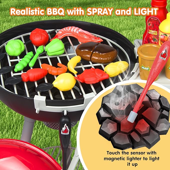 79PCS BBQ Grill Set for Kids - Kitchen Playset With Realistic Spray, Light & Sound - Interactive Toddler Toy for Boys Girls - Christmas Birthday Gift