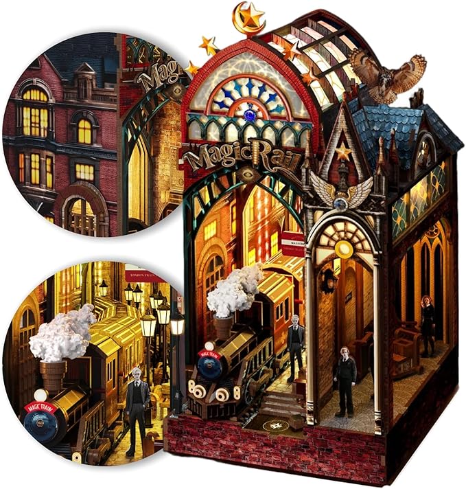 LED Book Nook Kit for Adults – DIY Miniature House Kit, Wooden Dollhouse Kit, Booknook Craft Kits, Library Bookshelf Decor, 3D Puzzles for Adults, Book Lovers Gifts, Magic Station