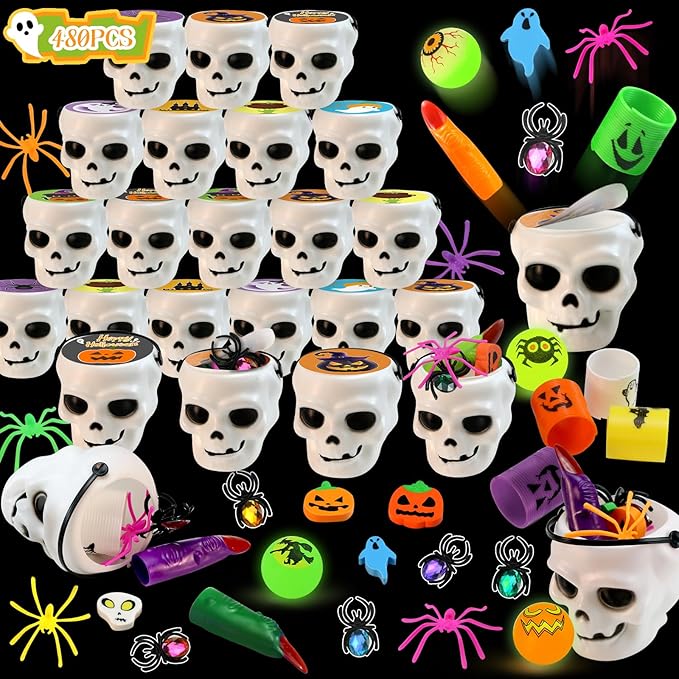 480PCS Prefilled Party Favor Bulk for Kids, 60PACK Prefilled Ghost Cauldrons With 6 Halloween Toys Inside, Goodie Bag Fillers, Prizes Gifts Miniatures for Kids, Trick or Treat