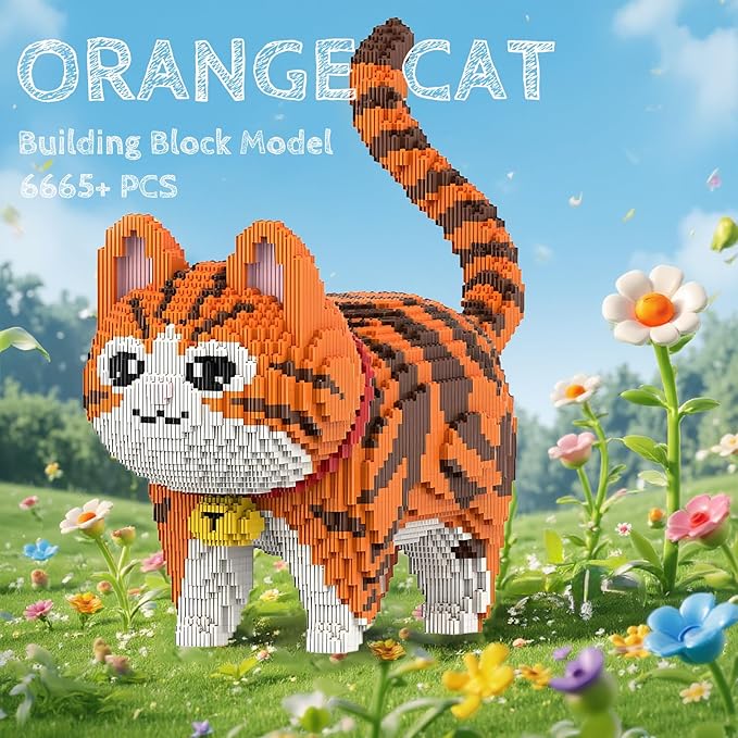 Animal Orange Striped Bell Cat Micro Mini Building Blocks Sets Large Cute Cat Building Kits Model Toys Gift for Adults Kids Teens 6665 PCS