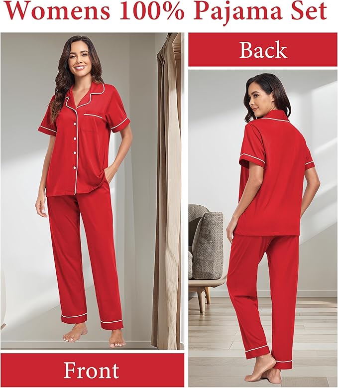 CF Womens 100% Cotton Pajamas Set Button Down Pjs Sets Short Sleeve Top & Long Pants Sleepwear Comfy Loungewear with Pockets