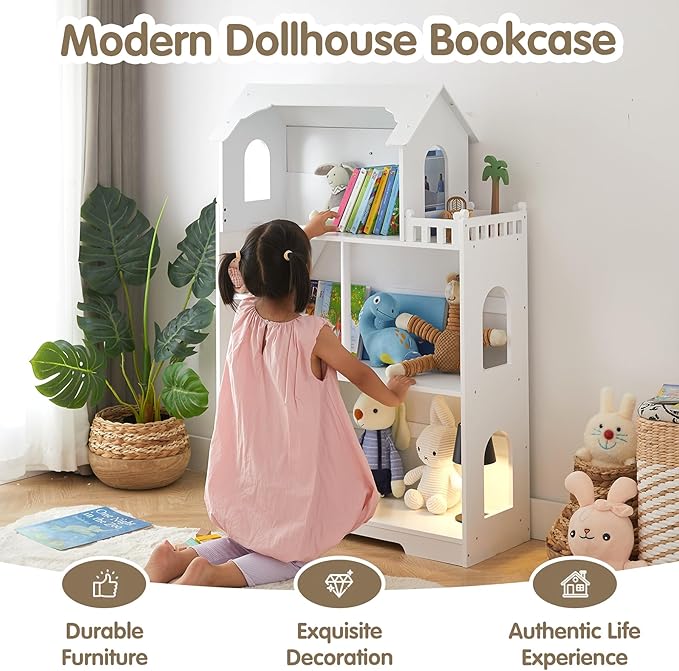 Wooden Dollhouse Bookshelf - Toddler Doll House Bookcase, Extra Space Kids Toy Storage Book Shelf, 3-Tier Children Dollhouse, Pretend Play Toy House, Gift for Girls & Boys Ages 3+