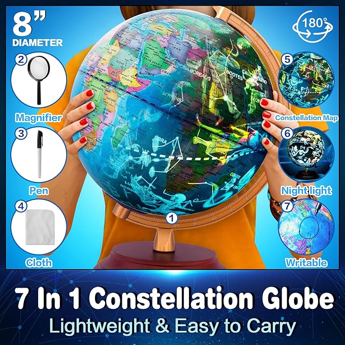 Illuminated World Globe for Kids & Adults All Ages with Wooden Stand 7 in 1- Night View Stars Map Constellation Globe with Detailed Colorful World,Built-in LED Bulb, Educational Gift
