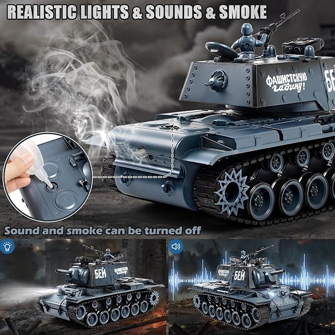 1:18 remote control Tank, 2.4Ghz Soviet Union KV1 RC Tank Model Toys, 15 Channel Battle Army Toy with Smoke, Light and Sound, Military RC Vehicle for Adult and Kid that Shoot BBS and Water Bomb