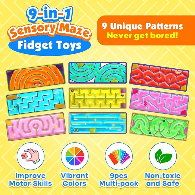 LESONG Sensory Toys for Kids: 9-Pack Squishy Sensory Maze for Autism - Fidget Toys Gel-Filled for Calming Down Travel, Classroom & Adult Office - Gifts Prizes for Kids Stocking Stuffers Goodie Bags