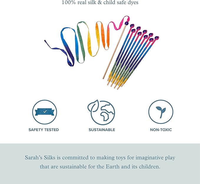 Sarah's Silks Rainbow Streamer - 8' Long Ribbon Wand for Kids, Pretend Play, Dance, Baton Stick Twirling, and Gymnastics Party Favors | 100% Silk and Wood Montessori and Waldorf Toys
