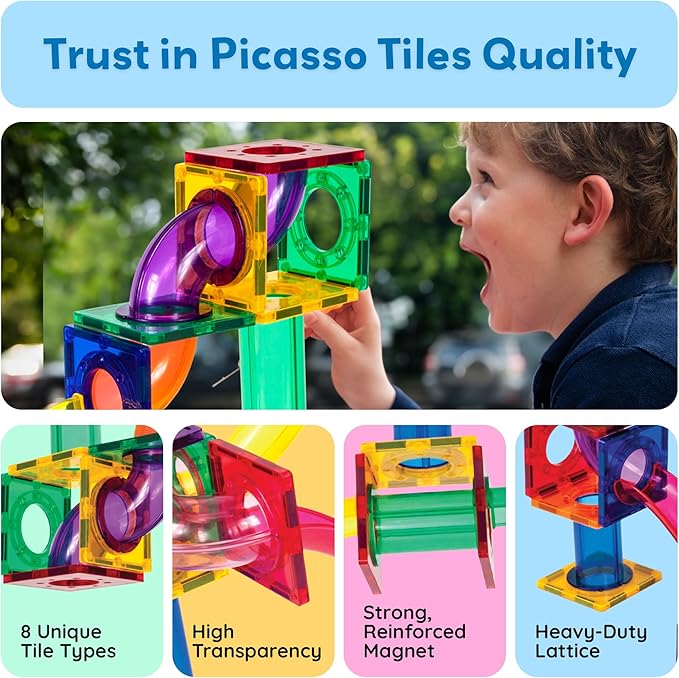 PicassoTiles 50pcs Magnetic Tiles Marble Run for Kids Race Track Toy Marble Maze Sensory Toys for Toddlers STEM Educational Set Magnet Building Blocks Construction Building Tiles Boys Girls 3+ PTG50