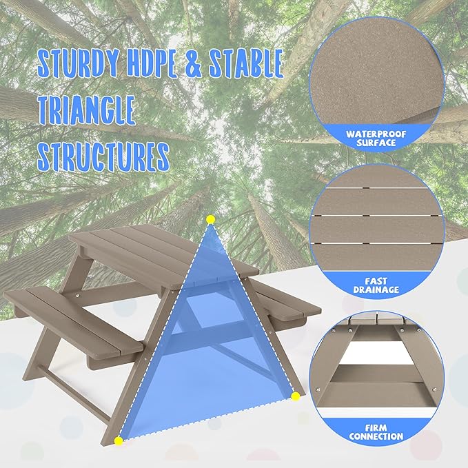 Costaelm Kids Picnic Table, HDPE All Weather Outdoor Toddler Picnic Table and Chair Set Kids Bench for Patio, Backyard, Garden, Lawn, Weathered Wood