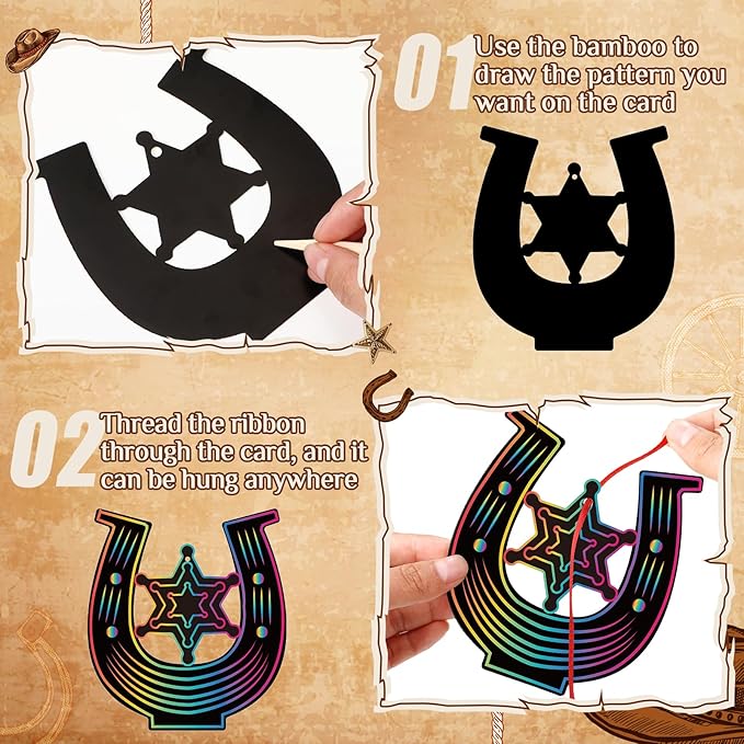 Western Cowboy Scratch Cards 80 Pcs Horseshoe Rainbow Scratch Art Paper with Wooden Stylus for Boys and Girls DIY Colorful Horse Craft Kits Home School Western Theme Birthday Festive Party Favors