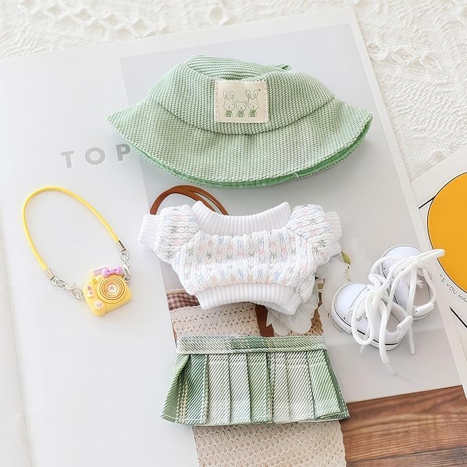 17cm Doll Clothes Set, 5 Pieces Dress Outfit Set for 6.7inch Doll Suit, Fashion Chic Hat & Clothes Accessories for 1st/2nd/3rd Gen Dolls Play & Display Green
