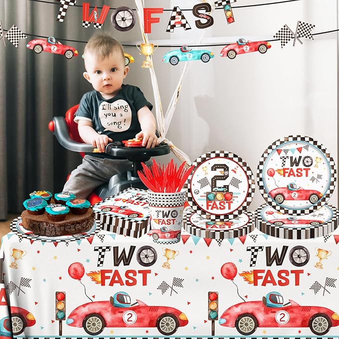 Two Fast Birthday Party Supplies, 142pcs Race Car 2nd Birthday Decorations Tableware Kit Includes Race Car Plates Napkins Tablecloth for Two Years Old Party Baby Shower Decorations Favors for Boys