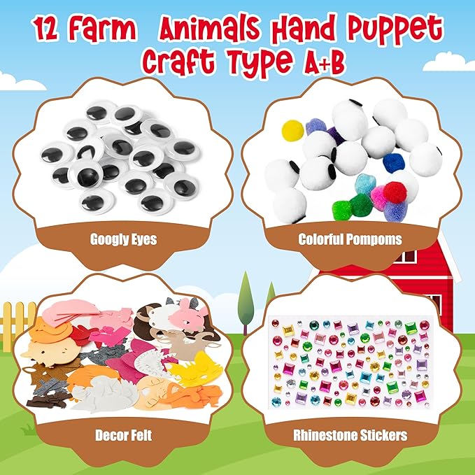 WATINC 12 Pcs Hand Puppet Making Kit, Art Craft Felt Sock Puppet Toys, Creative DIY Make Your Own Pompoms Wiggle Googly Eyes Storytelling Role Play Party Supplies Gift for Girls Boys (Farm Animals)