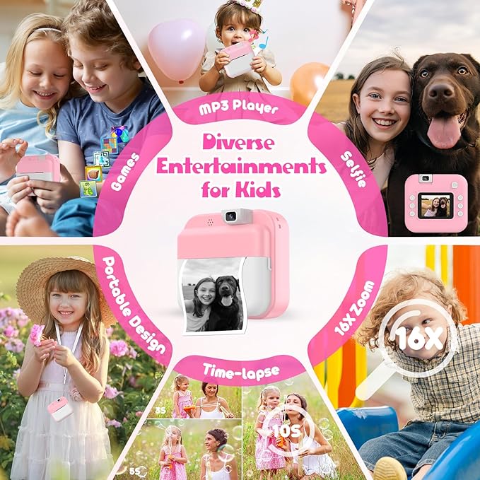Kids Camera Instant Print with Flip Lens, Christmas Birthday Gift for Girls Boys, Digital Camera HD Video Instant Print Photos for Toddlers, Portable Travel Toys for 4 5 6 7 8 9 10 Year Old Pink
