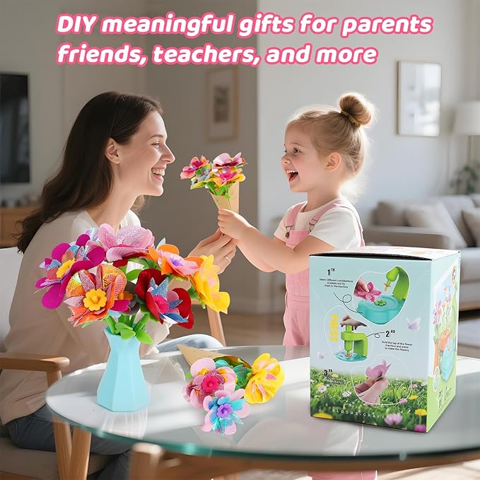 Flower Craft Kits for Girls - Arts and Crafts Toys for Kids Ages 4-8, Birthday Gifts for 4 5 6 7 8 9 Year Old Girls, Mess-Free Art Craft Activity Toys, DIY Flower Making Kit for Kids Preschool