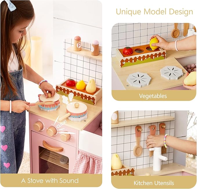 Pink Wooden Play Kitchen with Realistic Features & Accessories, Pretend Cooking Toy for Kids 3+, Ideal Gift for Toddler Boy and Girls