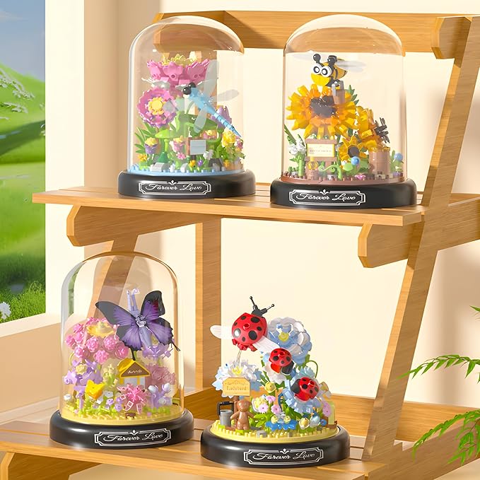 HI-REEKE Flower Dragonfly Bouquet Building Block Set, Micro Mini Botanical Building Toy for Women-568 PCS