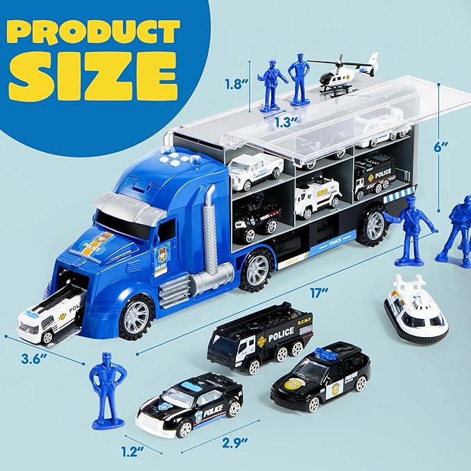 JOYIN 25 in 1 Police Rescue Truck Car Toy Set with Sounds and Lights, Mini Vehicles in Carrier Truck, Play Police Patrol Rescue Vehicle Toy, Christmas Birthday Gifts for Over 3 Years Old Boys