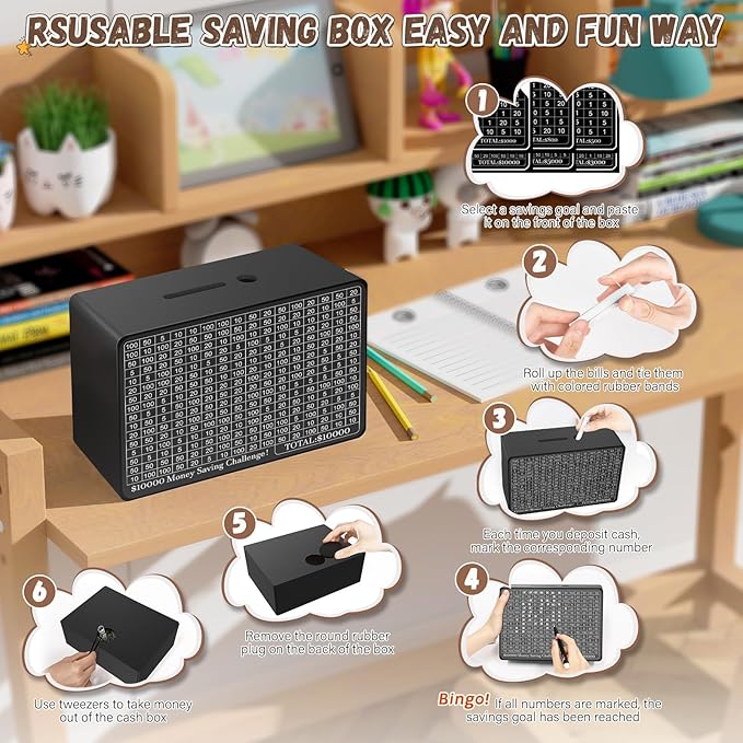 Wooden Money Saving Box, Cash Vault Savings Box for $10000 $5000 $3000 $1000 $800 $500 Target Money Saving Challenge, Reusable Money Box with Counter, Dry Erase Pen/Savings Trackers/Rubber Band-Black