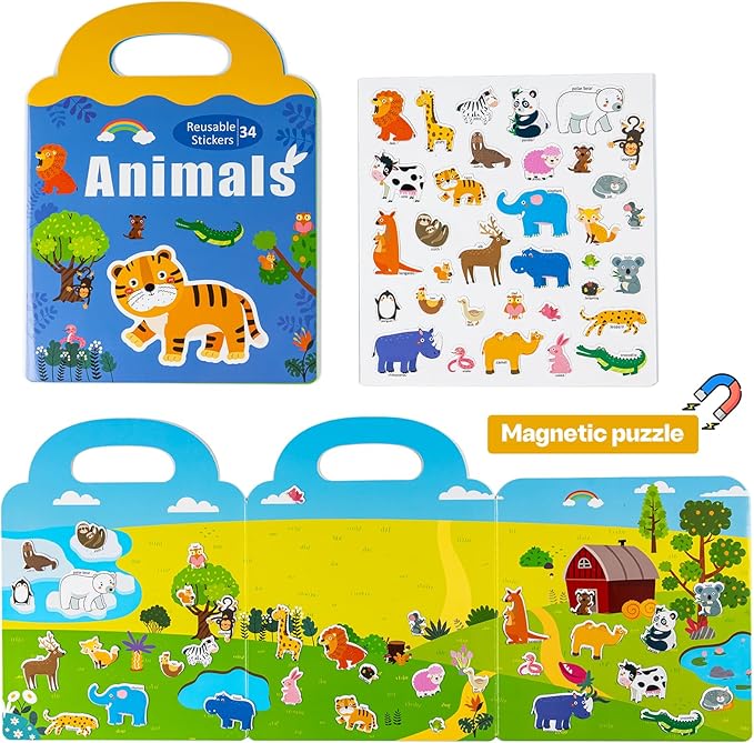 Magnetic Playset Portable Playboard, Cute Farmhouse Animal Reusable Magnets Sticker Books for Toddlers 3-5 Years, 34 PCS Refrigerator Magnets for Kids Girls Boys Perfect Preschool Learning Travel Toy