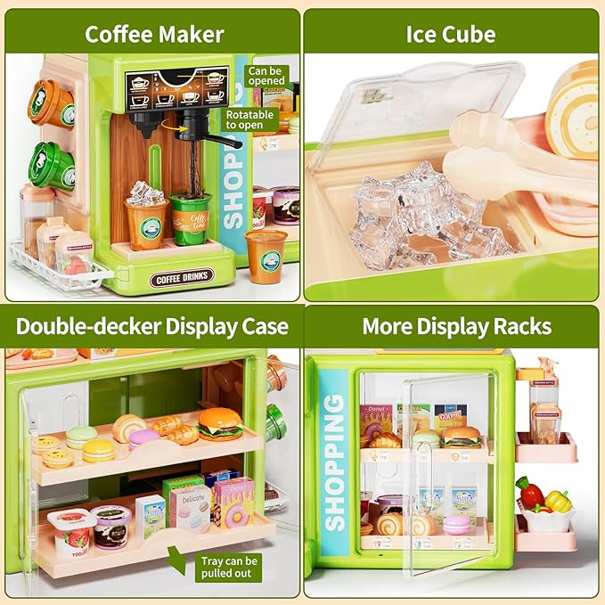 Toddler Toy Grocery Store, Supermarket Playset with Touch Voice Cash Register, Scanner, Coffee Maker, Play Food, Play Money, Pretend Play Toys for Toddlers Kids Birthday
