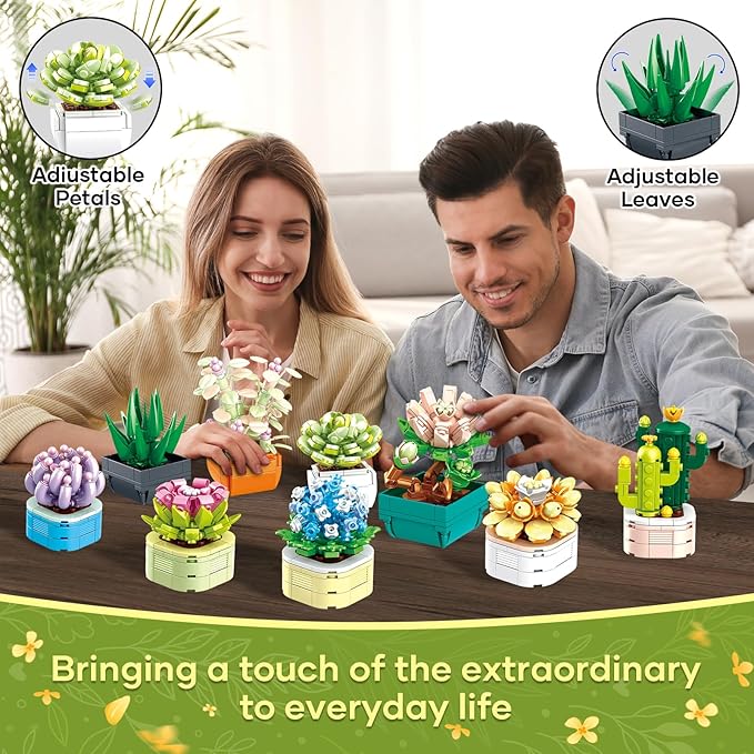 9 Pack Tiny Flowers Succulents Botanical Collection Building Sets 832PCS Compatible with Lego Artificial Plant Set for Home Office Décor Block Toy Bonsai Building Toys Creative Gifts Idea for Girls 6+