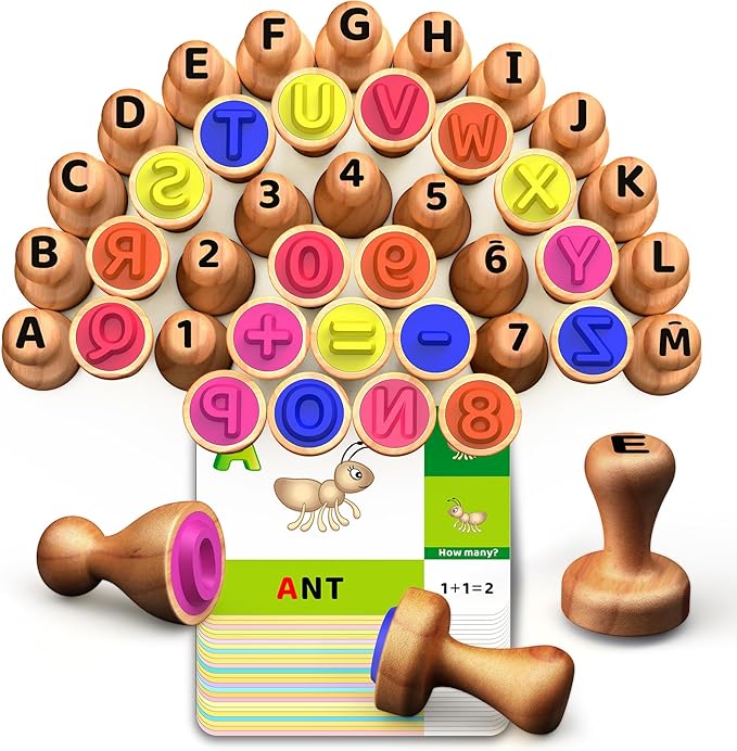 Wooden Alphabet & Number Stamps for Kids, Essential ABC 123 Learning Stampers for Ages 3-5,Montessori Educational Preschool Homeschool Must-Haves Classroom Gift