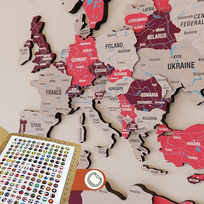 Colorfull Worlds 3D Wooden World Map Wall Art - Premium Multicolored World Travel Map for Wall Decor with Push Pins- Ideal Housewarming Gift & Travel Tracker (XXLarge, Crimson)