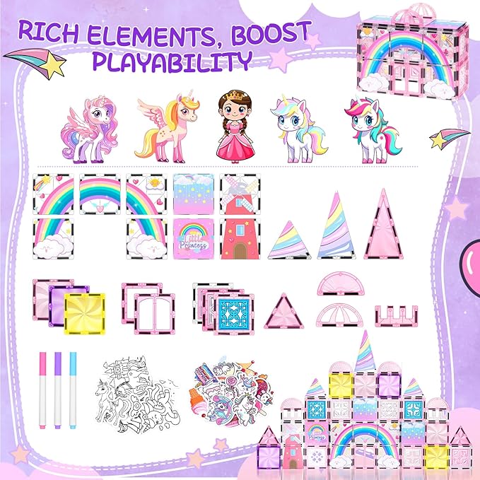 Diamond Magnetic Tiles Unicorns Princess Castle with Magnetic Art Decor Kit, Unicorn Toys for Girl 3 4-6-8, Magnet Tiles for kids 4-8 5 6 7+ Girl Gifts,Magnet Toys Include 5 Dolls,Rainbow,Candy,Decors