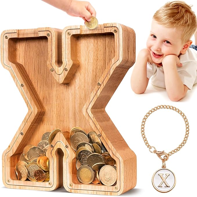 SummiDate Wooden Letter Piggy Bank| Piggy Bank for Boys Girls Toddler| Alphabet X Money Bank| Coin Bank Birthday Gift for Kids|Birthday Gift for Kids (X)