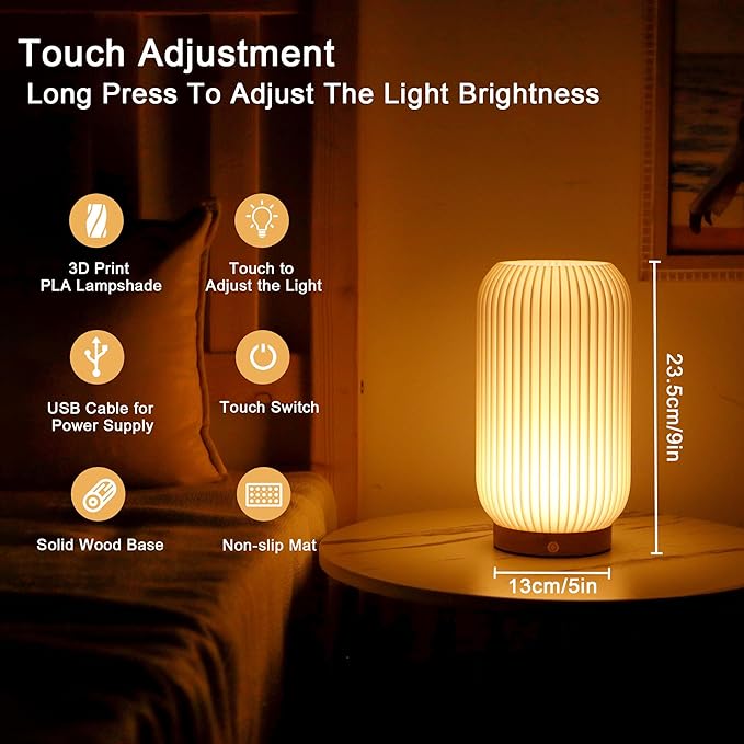 JHY DESIGN 3-Color Light Source Dimmable Touch Bedside Lamp 9" H Rechargeable Button Control Table Lamp 3D Printed Nightstand Lamp with Woodbase for Bedroom Living Room Indoors(White, Type-C Charging)