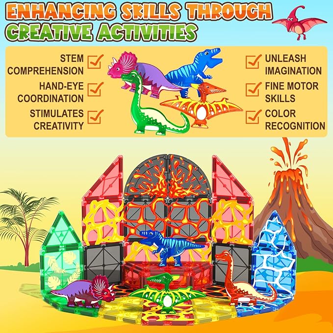 Dinosaur Toys Magnetic Tiles Lava Dinosaur World Set - Magnetic Blocks Building for Kids 3-5 5-7 Girls Boys Toy Age 4-6 6-8, Classroom Must Haves Toddler Sensory for 3+ Year Old Kids Toys