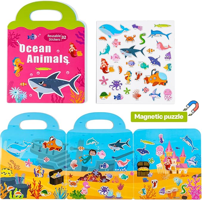 Magnetic Portable Playboard Ocean Animal Reusable Sticker Book for Toddler, Refrigerator Magnet Educational Learning Toys Travel Stickers Activity Books for Kids Girls Boys Age 3+ Birthday Gifts