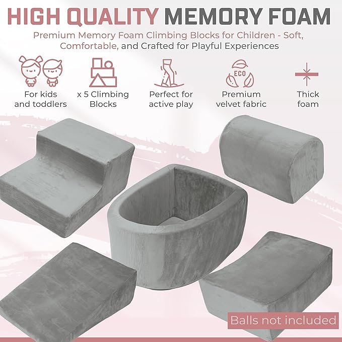 Foam Climbing Blocks for Toddlers – Indoor Soft Play Set for Babies - Velvet Cover & High-Density Memory Foam – Baby Climbing Blocks for Motor Skills - Climb and Crawl Activity Play Set for Kids -Gray