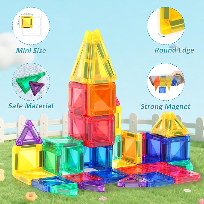 Mini Magnetic Tiles Toddler Travel Toys with Iron Box, STEM Educational Travel Set Building Toys for Kids, Travel Essential Portable Building Toys for Toddlers, Boys Girls Christmas Birthday Gift