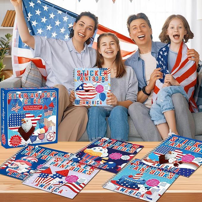 6PCS 4th of July Patriotic Crafts Paint by Sticker Books for Kids Ages 4-8 Sticker by Number Book Activity Puzzle Book for Kids Age 3-5 Toddler Art Gift for Memorial Day American Flag Star 48 Pictures