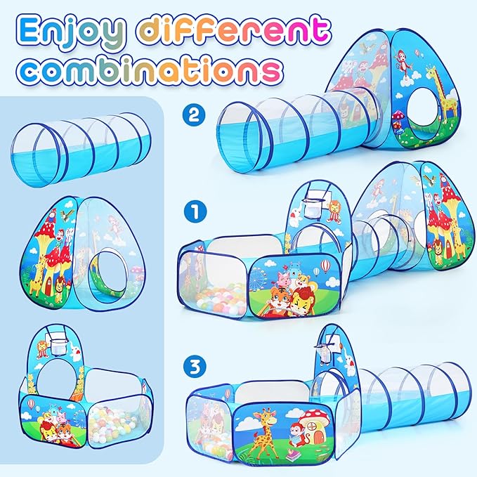 3 in 1 Kids Play Tent for Toddler with Baby Ball Pit and Play Tunnel, Children Indoor Outdoor Playhouse with Climbing Tunnel Toy for Toddlers, Boys and Girls Best Birthday Gifts (3pc Jungle Ball Pit)