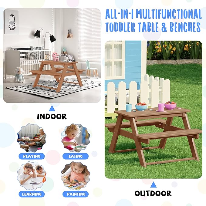 Costaelm Kids Picnic Table, HDPE All Weather Outdoor Toddler Picnic Table and Chair Set Kids Bench for Patio, Backyard, Garden, Lawn, Teak