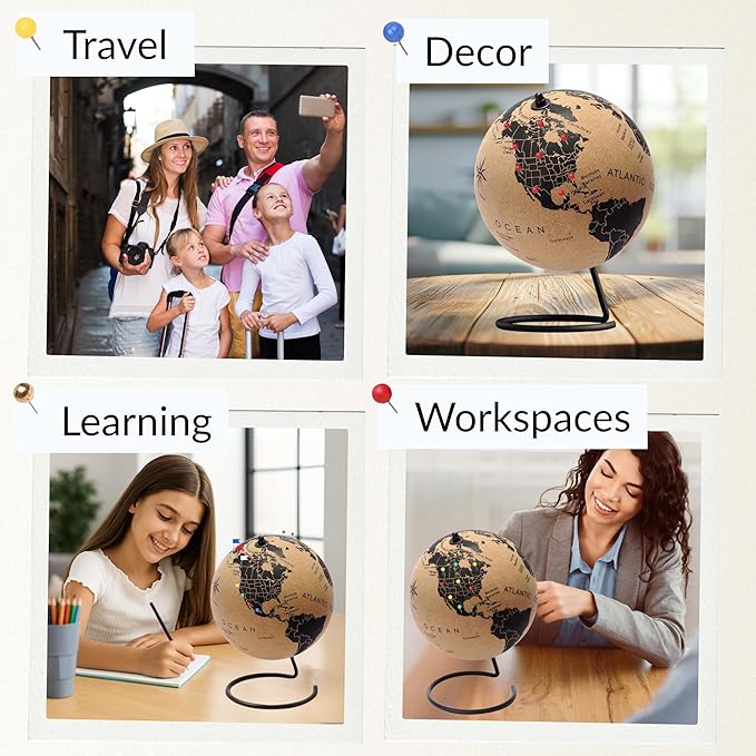 Large Cork Globe 12.6" Tall | World Travel Map with Metallic, Colored & National Flags Push Pins | 3D World Map Pin Board for Home or Office | Unique Gift for Travelers, Couples & Families