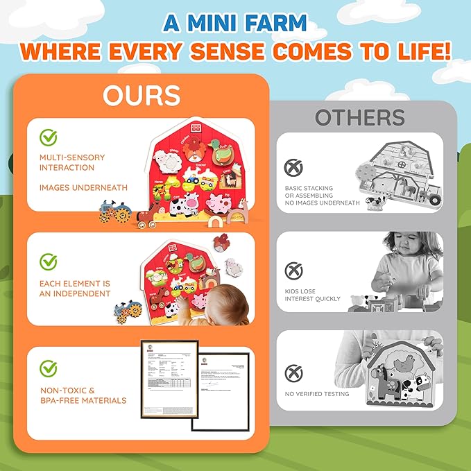 Wooden Montessori Farm Puzzles for Toddlers 1-3 – Interactive Sensory Animal Toys with Textures & Sound -Educational Puzzle & Baby Gifts for Fine Motor Skills & Autism Friendly (8 Puzzles)