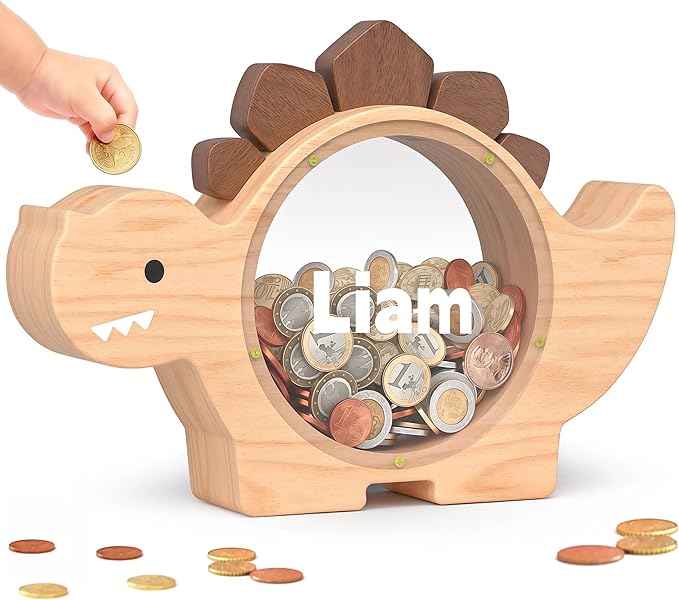 Personalized Wooden Piggy Bank for Kids, Custom Name Cute Wood Bank Large for Boys Initial Coin Bank Personalized Dinosaur Piggy Bank Wood Money Save Box for Birthday Christmas and Festival