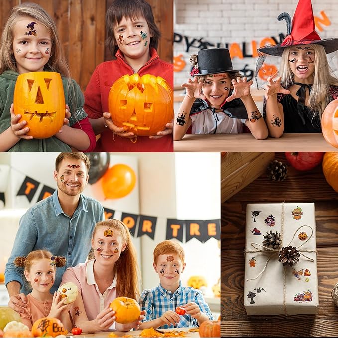 380+ PCS Halloween Temporary Tattoos for Kids, 30 Sheets Creative Design Halloween Tattoos for kids Halloween Party Decorations, Pumpkin Tattoo Stickers Halloween Gifts for kids for Halloween Makeup