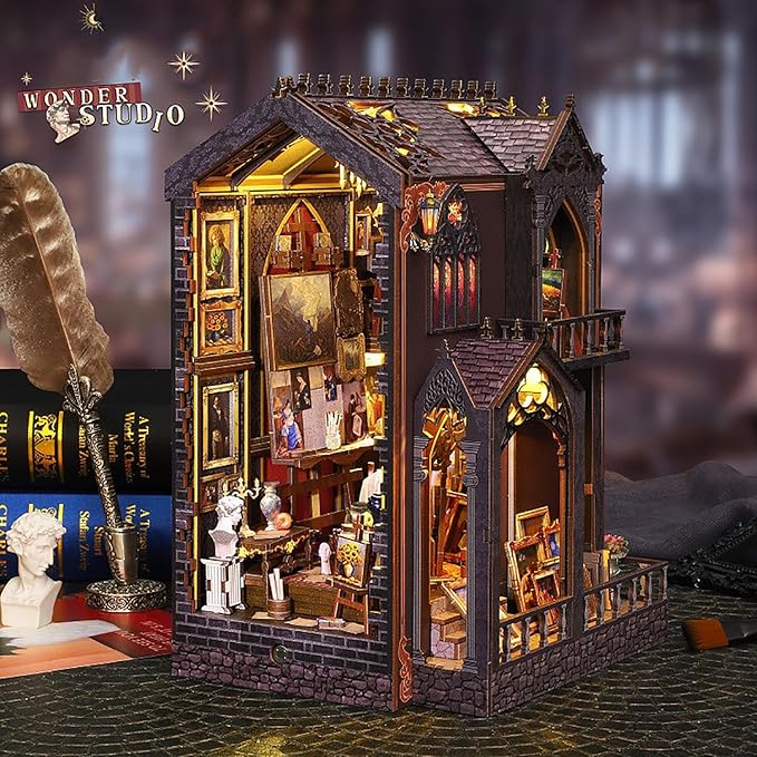 DIY Book Nook Kit - DIY Miniature Dolls House Kit with Furniture and LED Light, 3D Puzzle Wooden Art Bookends, Model Kits for Adults to Build (Wonderful Studio)