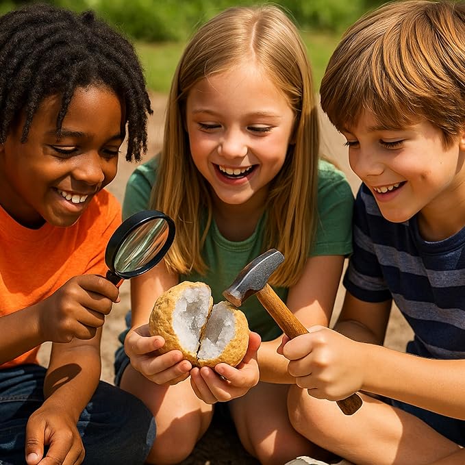 Break Your Own XL Geodes Kit for Kids – 3–4 Large Natural Crystal Geodes (3.5–4.5”) with Magnifying Glass & Learning Guide – STEM Science Rock Kit – Gift-Ready Educational Set for Kids Ages 6–12