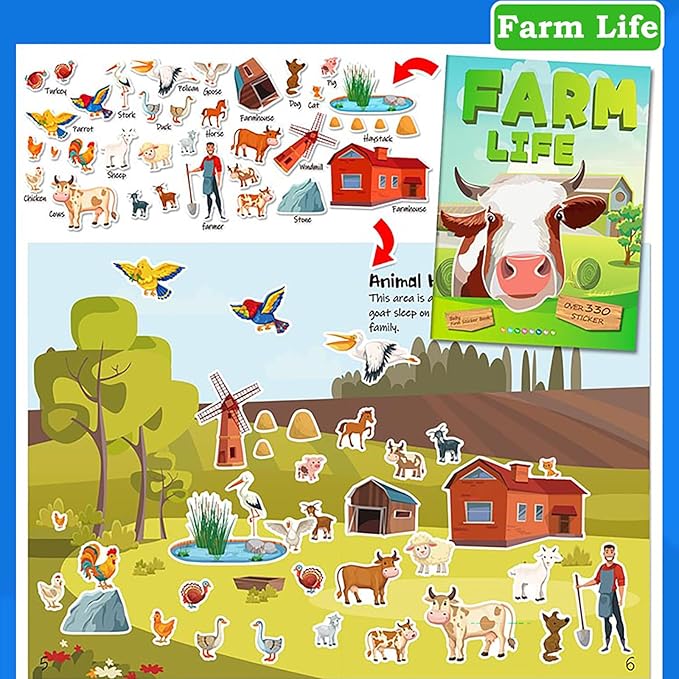 Sticker Book for Kids, 230+ Dinosaur & 330+ Animal Farm Stickers & 16 Scenes, Reusable Activity Sheet, Seek Find Sticker Coloring Pad, for Boys Girls Toddlers Ages 2-4 4-8 Years Old 3-5 6-7