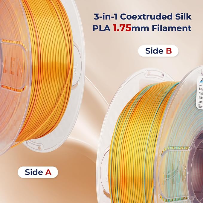 AMOLEN Silk PLA 3D Printer Filament, Tri Color Coral Gold Turquoise PLA 1.75mm, Shiny Multi Color Change Filament 3D Printing PLA Filament for Most FDM 3D Printer, 1kg Spool(2.2lbs)