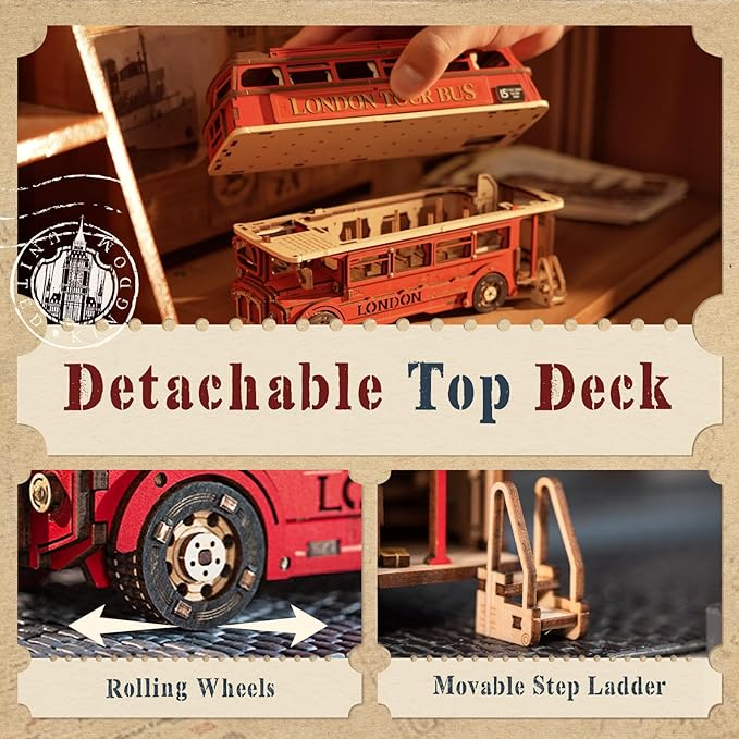 ROBOTIME 3D Puzzles for Adults Wooden Puzzle London Tour Bus DIY Model Kit to Build Educational Brain Teaser Toy for Craft Decor Gift