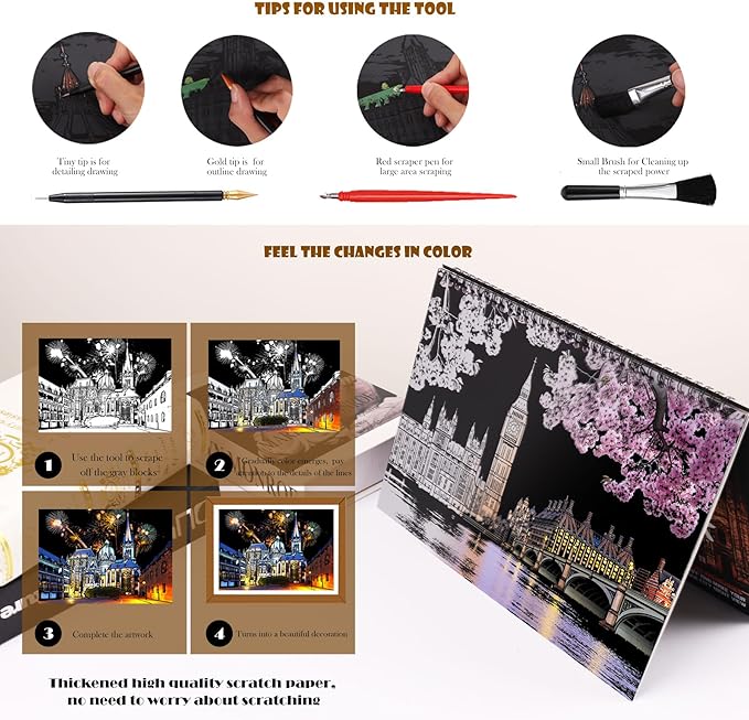 Scratch Art Book for Adults - 12PCS Scratch Painting Foil Art for Adults Scratch City Series Books Foil Engraving Scratch Art Adult Set with 6 Tools