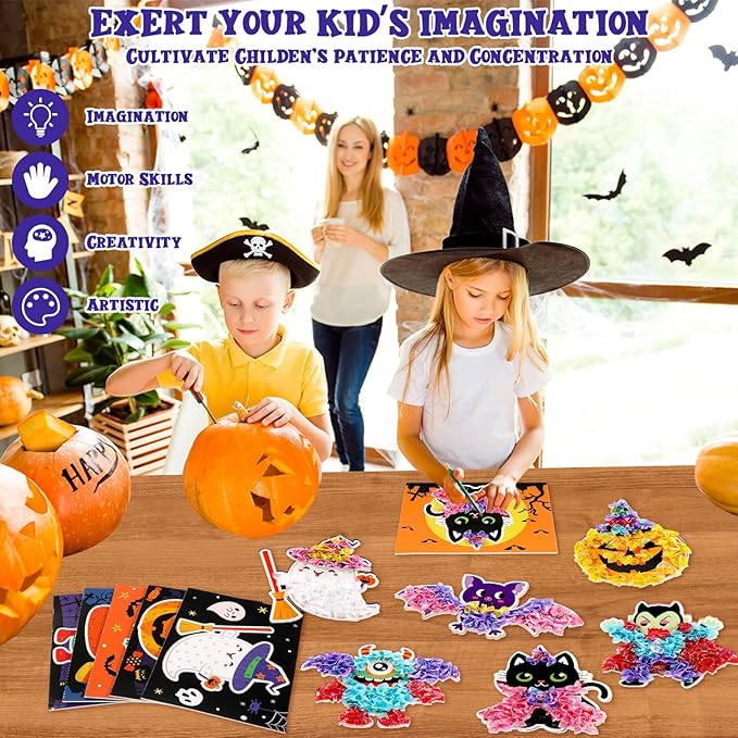 Lonfliness 8PCS Poke-in Craft and Art Kit Kids Halloween No-Mess Fabric Sewing Art Girl Boy 4-12 Puzzle Puncture Painting DIY Bat Pumpkin Ghost Halloween Toy Gift Creative Activity Game Birthday Party