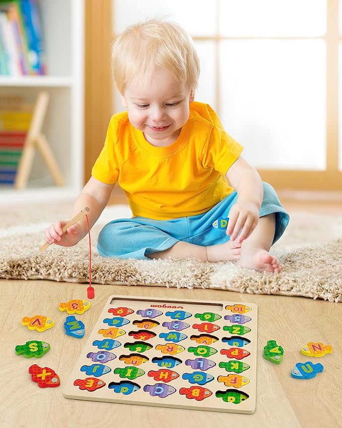 Coogam Magnetic Alphabet Numbers Fishing Game, Wooden ABC Letter Numbers Color Matching Puzzle Fine Motor Montessori Educational Toy for Preschool 3 4 5 Year Old Toddlers